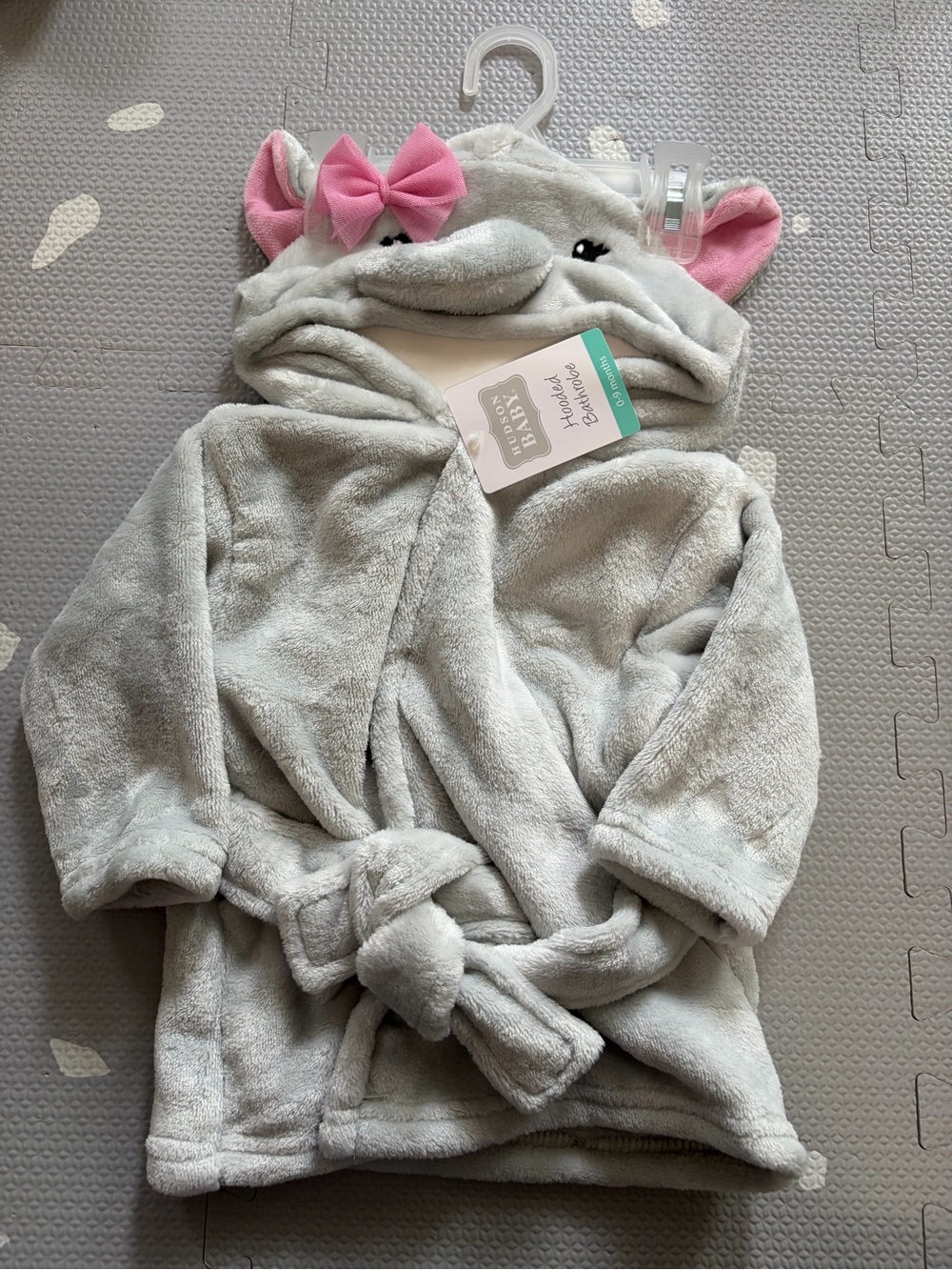 Hudson Baby Gray Plush Elephant Hooded Robe with Pink Bow Accents